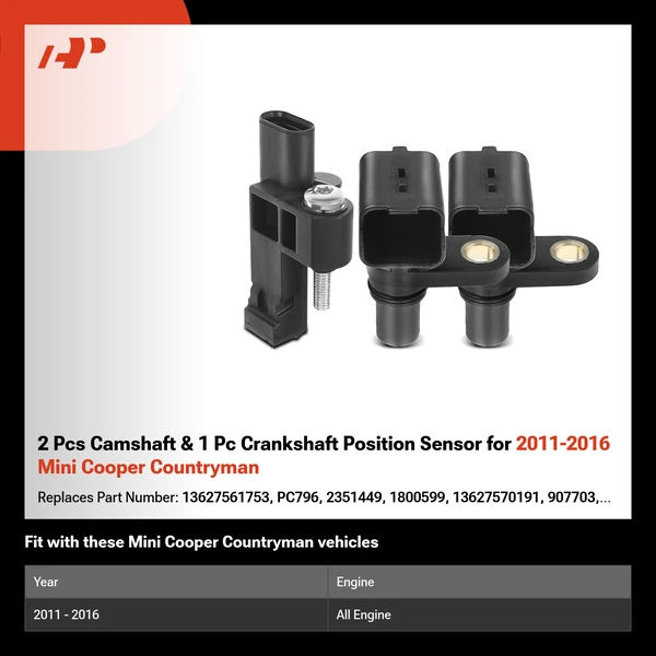 2 Pcs Camshaft & 1 Pc Crankshaft Position Sensor for 2011-2016 Mini Cooper Countryman