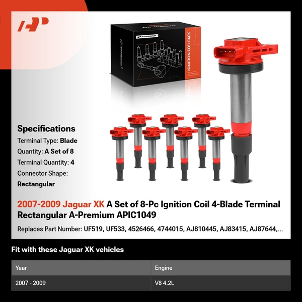 2007-2009 Jaguar XK A Set of 8-Pc Ignition Coil 4-Blade Terminal Rectangular A-Premium APIC1049