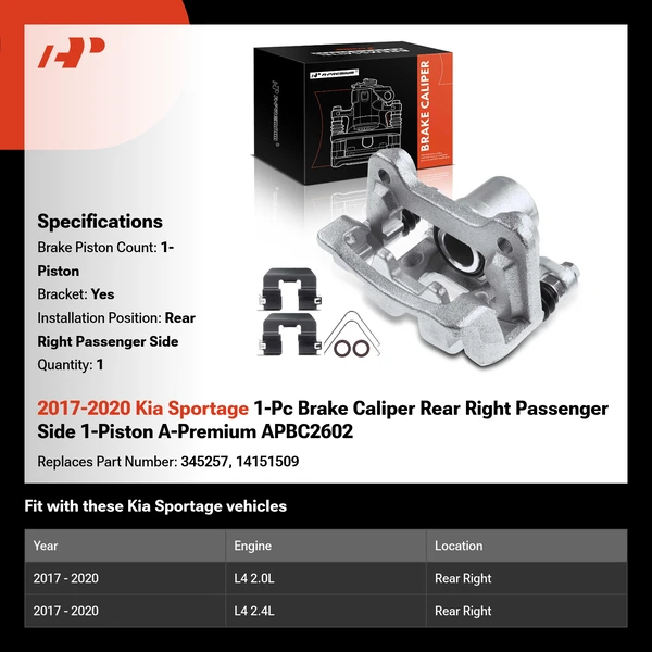 2017-2020 Kia Sportage 1-Pc Brake Caliper Rear Right Passenger Side 1-Piston A-Premium APBC2602