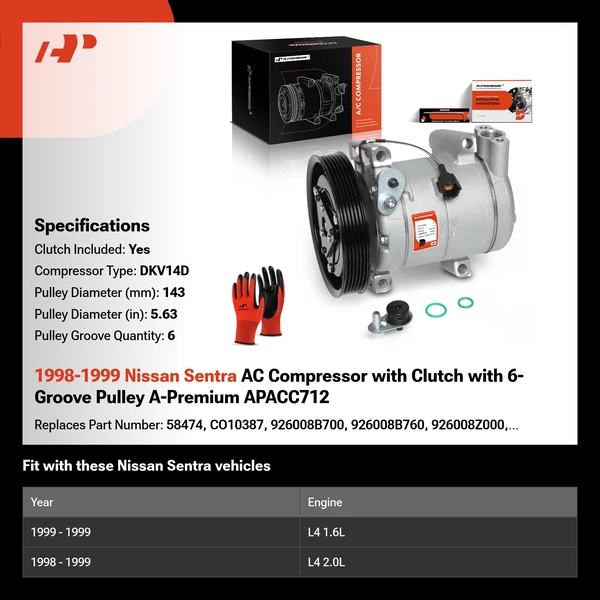 1998-1999 Nissan Sentra AC Compressor with Clutch with 6-Groove Pulley A-Premium APACC712