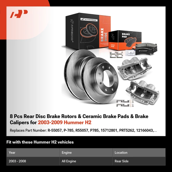 8 Pcs Rear Disc Brake Rotors & Ceramic Brake Pads & Brake Calipers for 2003-2009 Hummer H2