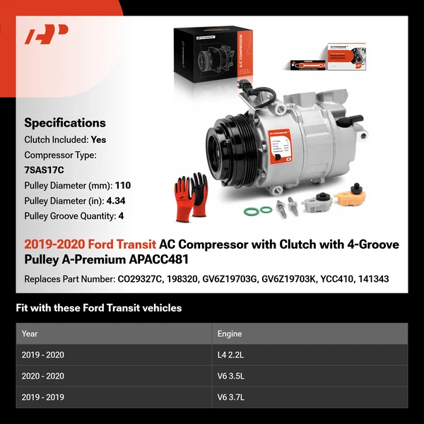 2019-2020 Ford Transit AC Compressor with Clutch with 4-Groove Pulley A-Premium APACC481