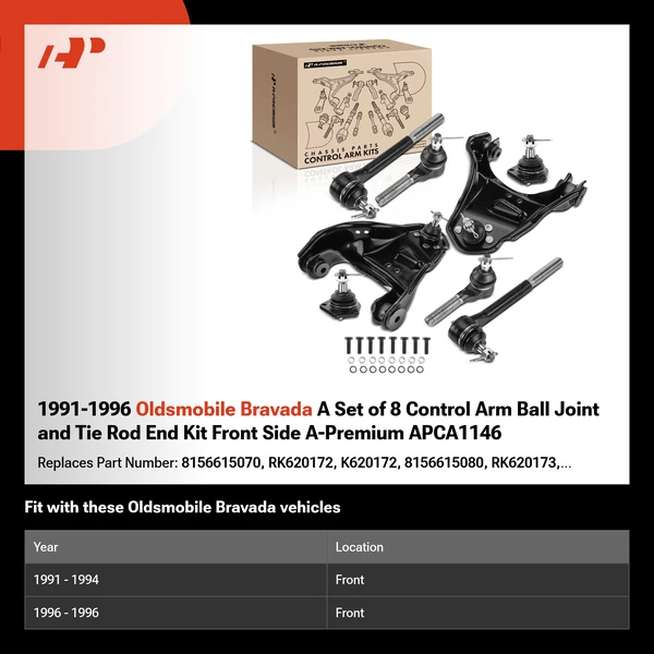 1991-1996 Oldsmobile Bravada A Set of 8 Control Arm Ball Joint and Tie Rod End Kit Front Side A-Premium APCA1146