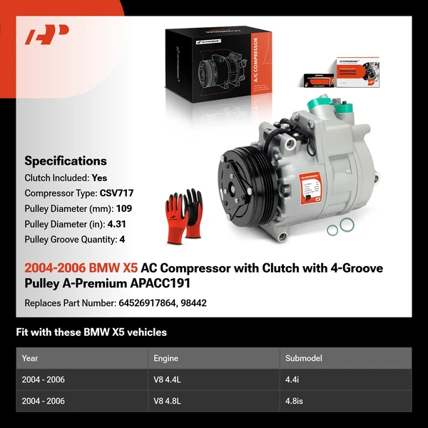 2004-2006 BMW X5 AC Compressor with Clutch with 4-Groove Pulley A-Premium APACC191