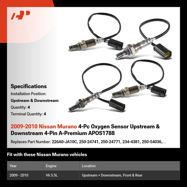 2009-2010 Nissan Murano 4-Pc Oxygen Sensor Upstream & Downstream 4-Pin A-Premium APOS1788