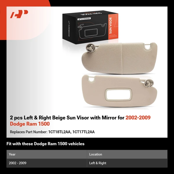 2 pcs Left & Right Beige Sun Visor with Mirror for 2002-2009 Dodge Ram 1500