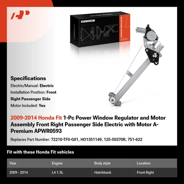 2009-2014 Honda Fit 1-Pc Power Window Regulator and Motor Assembly Front Right Passenger Side Electric with Motor A-Premium APWR0593