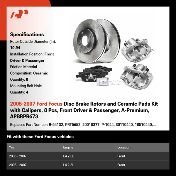 2005-2007 Ford Focus Disc Brake Rotors and Ceramic Pads Kit with Calipers, 8 Pcs, Front Driver & Passenger, A-Premium, APBRPR673