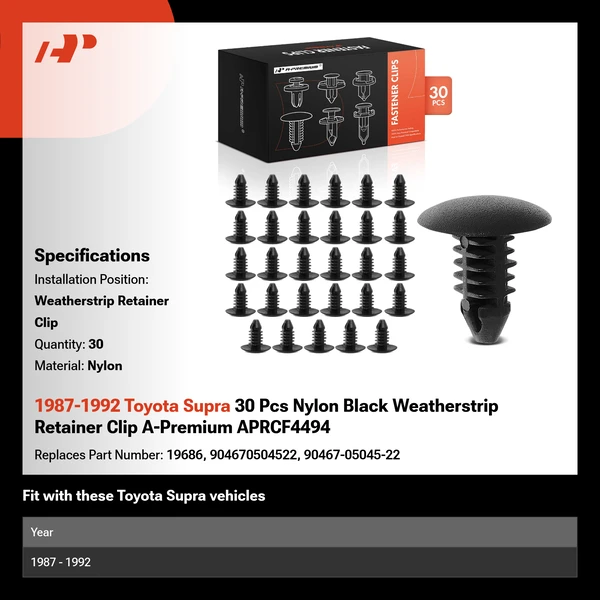 1987-1992 Toyota Supra 30 Pcs Nylon Black Weatherstrip Retainer Clip A-Premium APRCF4494