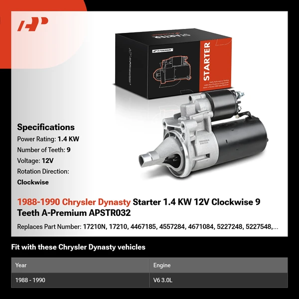 1988-1990 Chrysler Dynasty Starter 1.4 KW 12V Clockwise 9 Teeth A-Premium APSTR032