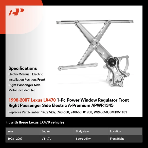 1998-2007 Lexus LX470 1-Pc Power Window Regulator Front Right Passenger Side Electric A-Premium APWR1345