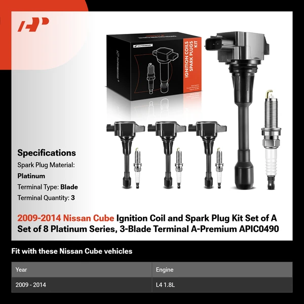2009-2014 Nissan Cube Ignition Coil and Spark Plug Kit Set of A Set of 8 Platinum Series, 3-Blade Terminal A-Premium APIC0490