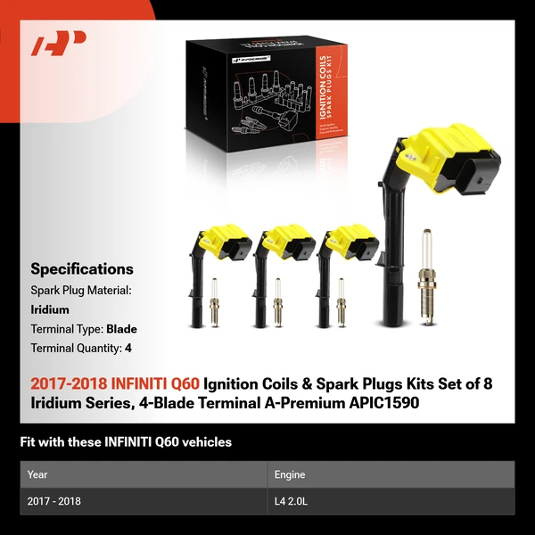 2017-2018 INFINITI Q60 Ignition Coils & Spark Plugs Kits Set of 8 Iridium Series, 4-Blade Terminal A-Premium APIC1590