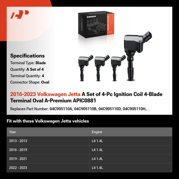 2016-2023 Volkswagen Jetta A Set of 4-Pc Ignition Coil 4-Blade Terminal Oval A-Premium APIC0881