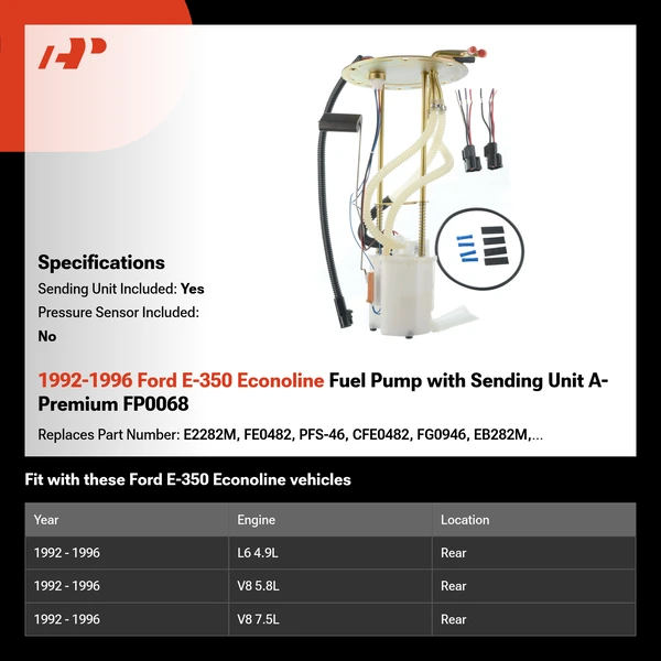 1992-1996 Ford E-350 Econoline Fuel Pump with Sending Unit A-Premium FP0068