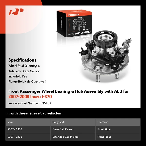 Front Passenger Wheel Bearing & Hub Assembly with ABS for 2007-2008 Isuzu i-370