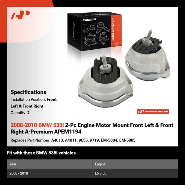 2008-2010 BMW 535i 2-Pc Engine Motor Mount Front Left & Front Right A-Premium APEM1194