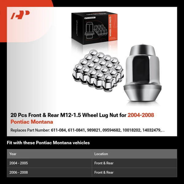20 Pcs Front & Rear M12-1.5 Wheel Lug Nut for 2004-2008 Pontiac Montana