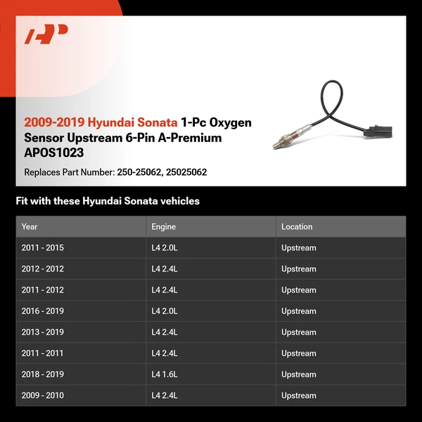2009-2019 Hyundai Sonata 1-Pc Oxygen Sensor Upstream 6-Pin A-Premium APOS1023