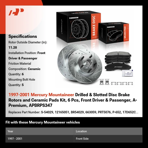 1997-2001 Mercury Mountaineer Drilled & Slotted Disc Brake Rotors and Ceramic Pads Kit, 6 Pcs, Front Driver & Passenger, A-Premium, APBRPS347