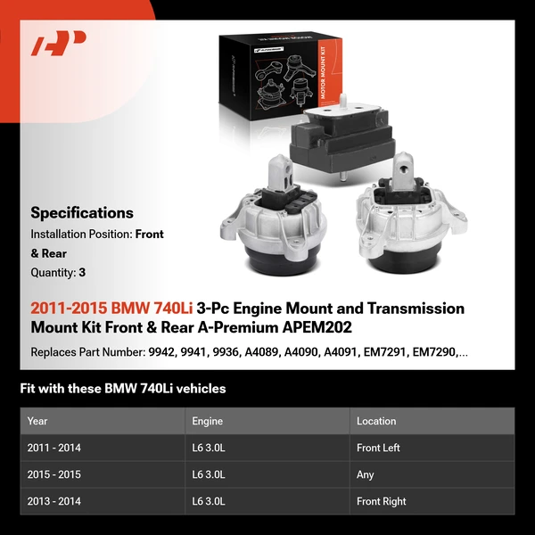 2011-2015 BMW 740Li 3-Pc Engine Mount and Transmission Mount Kit Front & Rear A-Premium APEM202