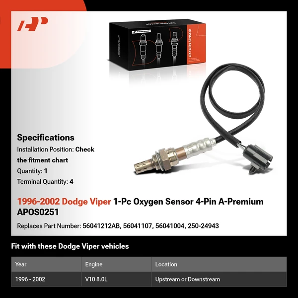 1996-2002 Dodge Viper 1-Pc Oxygen Sensor 4-Pin A-Premium APOS0251