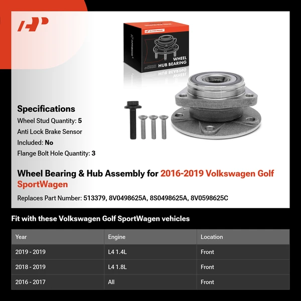 Wheel Bearing & Hub Assembly for 2016-2019 Volkswagen Golf SportWagen