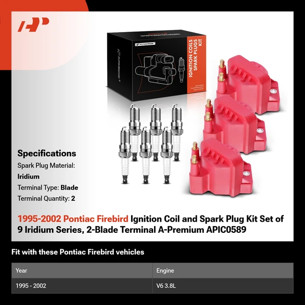 1995-2002 Pontiac Firebird Ignition Coil and Spark Plug Kit Set of 9 Iridium Series, 2-Blade Terminal A-Premium APIC0589