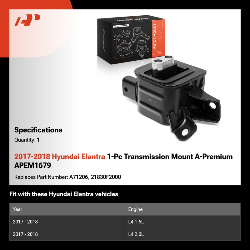 2017-2018 Hyundai Elantra 1-Pc Transmission Mount A-Premium APEM1679
