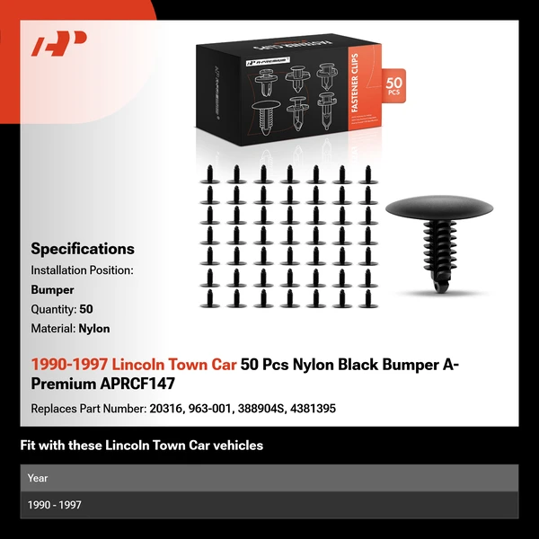 1990-1997 Lincoln Town Car 50 Pcs Nylon Black Bumper A-Premium APRCF147