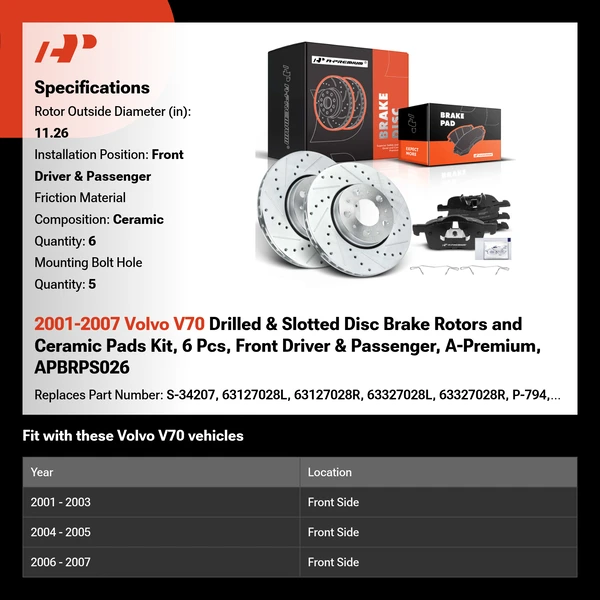 2001-2007 Volvo V70 Drilled & Slotted Disc Brake Rotors and Ceramic Pads Kit, 6 Pcs, Front Driver & Passenger, A-Premium, APBRPS026