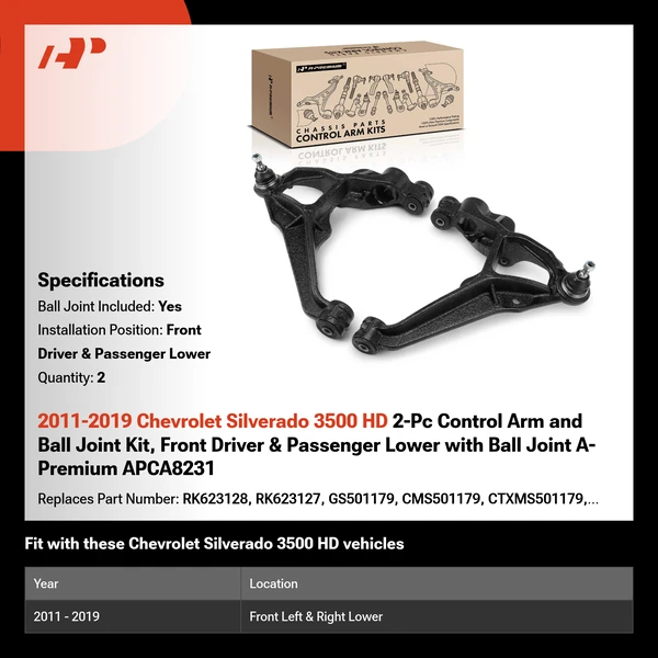 2011-2019 Chevrolet Silverado 3500 HD 2-Pc Control Arm and Ball Joint Kit, Front Driver & Passenger Lower with Ball Joint A-Premium APCA8231