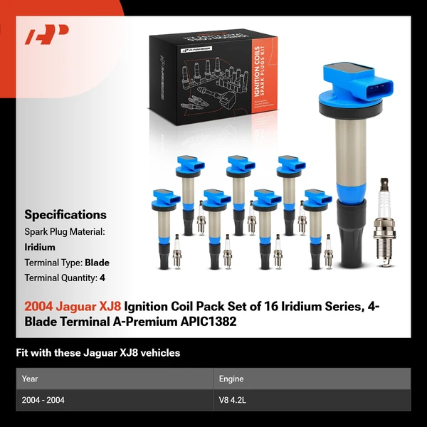 2004 Jaguar XJ8 Ignition Coil Pack Set of 16 Iridium Series, 4-Blade Terminal A-Premium APIC1382