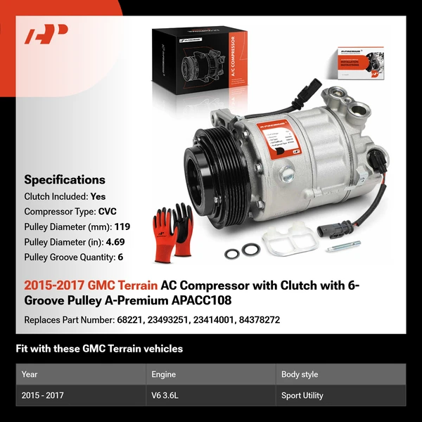 2015-2017 GMC Terrain AC Compressor with Clutch with 6-Groove Pulley A-Premium APACC108