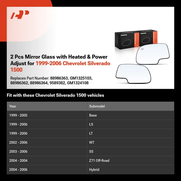 2 Pcs Mirror Glass with Heated & Power Adjust for 1999-2006 Chevrolet Silverado 1500