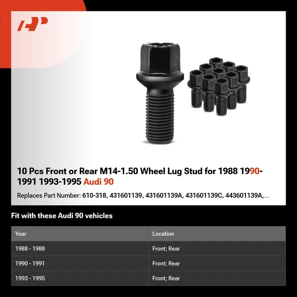 10 Pcs Front or Rear M14-1.50 Wheel Lug Stud for 1988 1990-1991 1993-1995 Audi 90