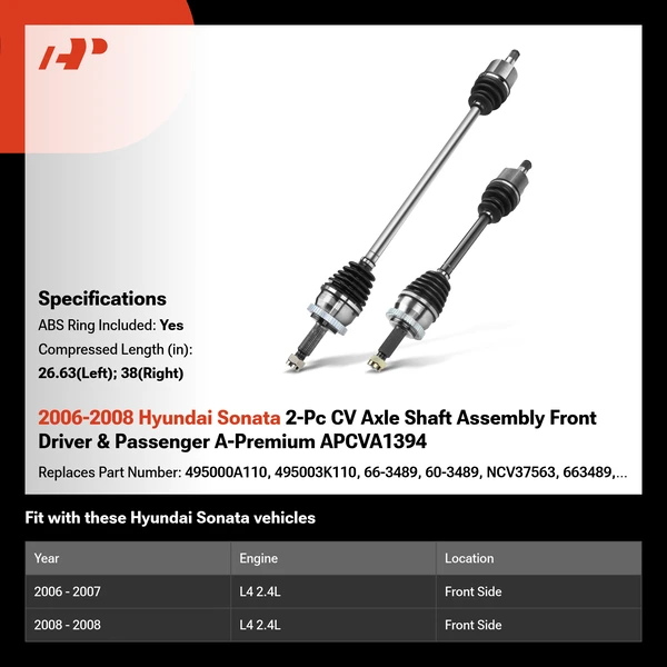 2006-2008 Hyundai Sonata 2-Pc CV Axle Shaft Assembly Front Driver & Passenger A-Premium APCVA1394