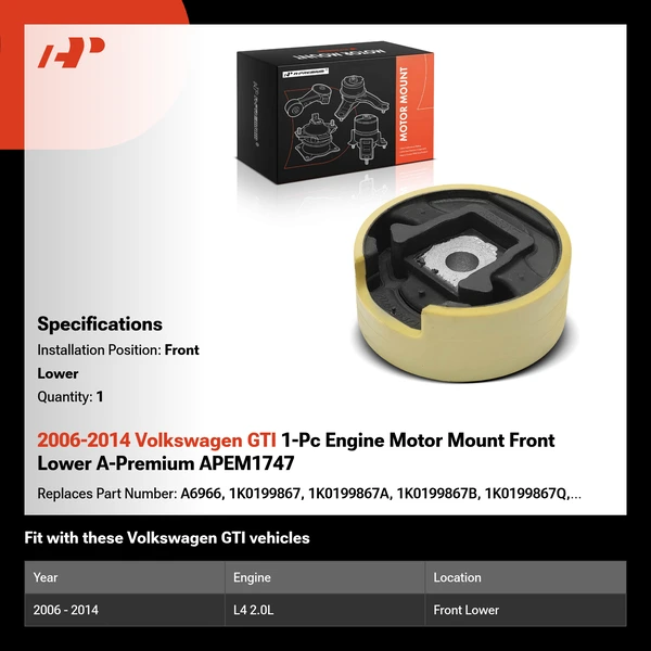 2006-2014 Volkswagen GTI 1-Pc Engine Motor Mount Front Lower A-Premium APEM1747