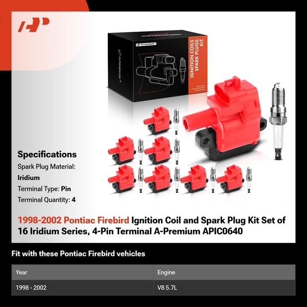 1998-2002 Pontiac Firebird Ignition Coil and Spark Plug Kit Set of 16 Iridium Series, 4-Pin Terminal A-Premium APIC0640