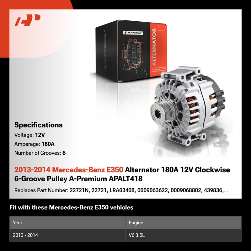 2013-2014 Mercedes-Benz E350 Alternator 180A 12V Clockwise 6-Groove Pulley A-Premium APALT418