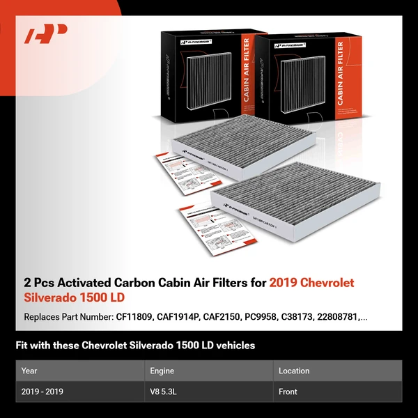 2 Pcs Activated Carbon Cabin Air Filters for 2019 Chevrolet Silverado 1500 LD