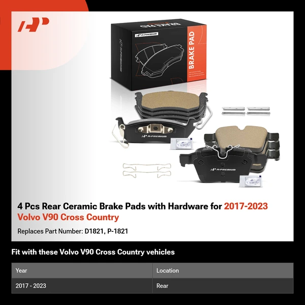4 Pcs Rear Ceramic Brake Pads with Hardware for 2017-2023 Volvo V90 Cross Country