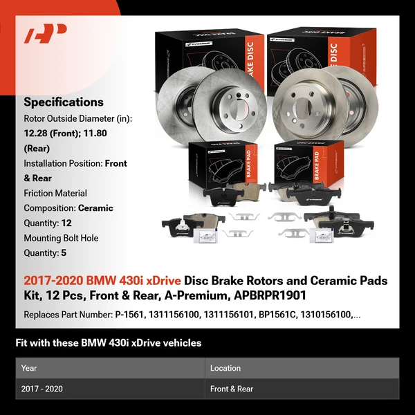 2017-2020 BMW 430i xDrive Disc Brake Rotors and Ceramic Pads Kit, 12 Pcs, Front & Rear, A-Premium, APBRPR1901