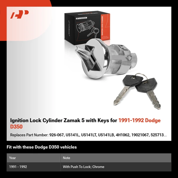 Ignition Lock Cylinder Zamak 5 with Keys for 1991-1992 Dodge D350