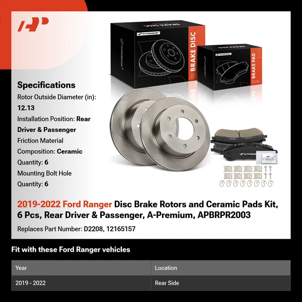2019-2022 Ford Ranger Disc Brake Rotors and Ceramic Pads Kit, 6 Pcs, Rear Driver & Passenger, A-Premium, APBRPR2003