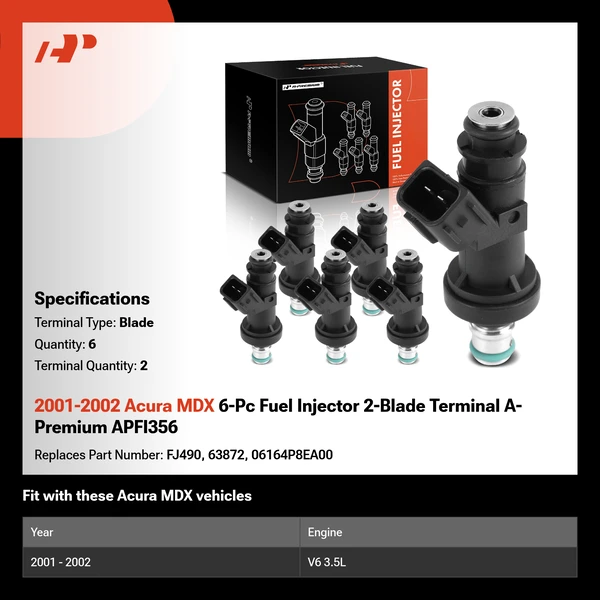 2001-2002 Acura MDX 6-Pc Fuel Injector 2-Blade Terminal A-Premium APFI356