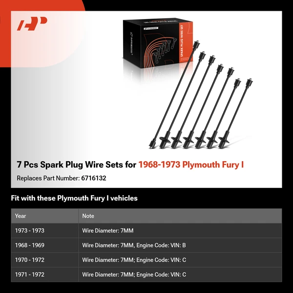 7 Pcs Spark Plug Wire Sets for 1968-1973 Plymouth Fury I