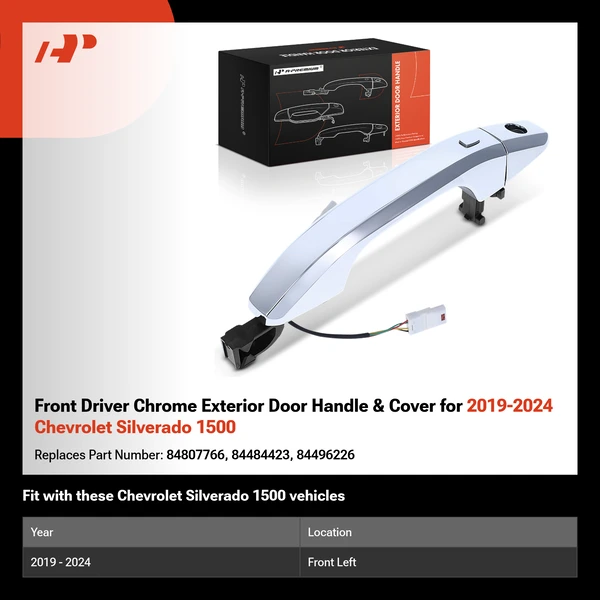 Front Driver Chrome Exterior Door Handle & Cover for 2019-2024 Chevrolet Silverado 1500