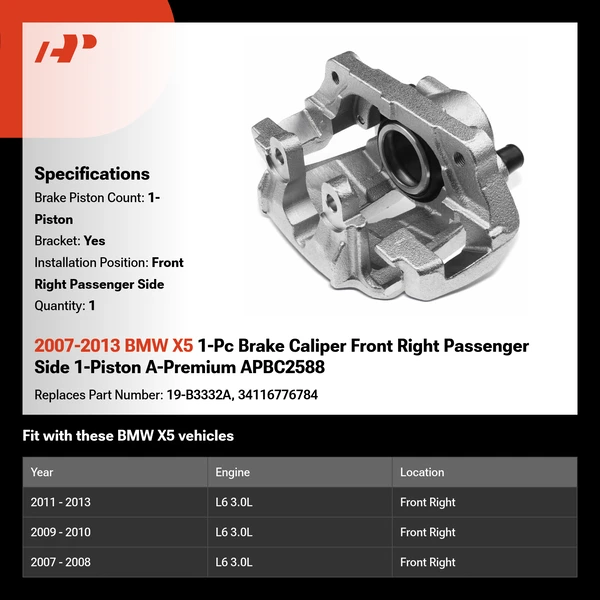 2007-2013 BMW X5 1-Pc Brake Caliper Front Right Passenger Side 1-Piston A-Premium APBC2588