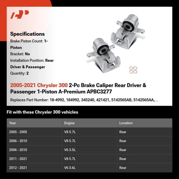 2005-2021 Chrysler 300 2-Pc Brake Caliper Rear Driver & Passenger 1-Piston A-Premium APBC3277